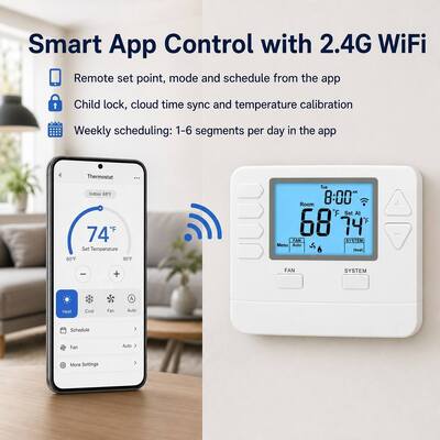 Large LCD Display Adjustable WIFI TUYA Smart 7 Day 1 Heat 1 Cool Thermostat For Temperature Control