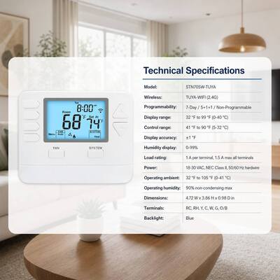 Large LCD Display Adjustable WIFI TUYA Smart 7 Day 1 Heat 1 Cool Thermostat For Temperature Control