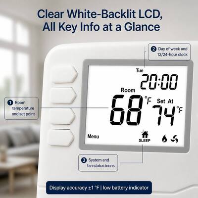 STN721 Commercial Heat Pump 2 Heat 1 Cool LCD Display Wired HVAC Thermostat for Home and Hotel