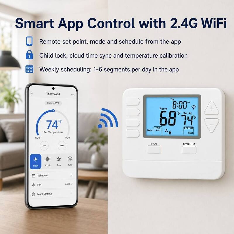 Large LCD Display Adjustable WIFI TUYA Smart 7 Day 1 Heat 1 Cool Thermostat For Temperature Control