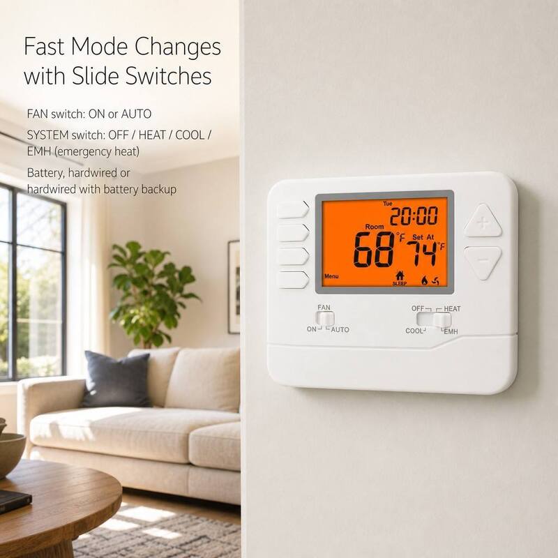 Non-programmable 2 H 2 C Temperature Control Heat Pump Thermostat with Temperature Range 32°F to 99°F 0°C to 40°C and Size 4.72 W X 3.85 H X 1.06 D