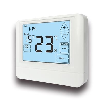 24V conventionele elektronische kamer aanraakscherm Programmabel thermostaat Fysieke afmetingen 120mm W 98mm H 27mm D en temperatuurbereik 32°F tot 99°F 0°C tot 40°C Energiebeheer
