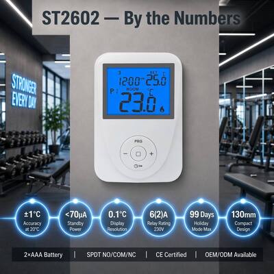 Nauwkeurigheid temperatuurmeting ±1°C bij 20°C Vloerverwarming Kamer Programmeerbare Thermostaat met Display Temperatuurbereik 0°C - 40°C in stappen van 0,1°C en Stand-by Stroom Verlichtingsstroom ≤ 7mA