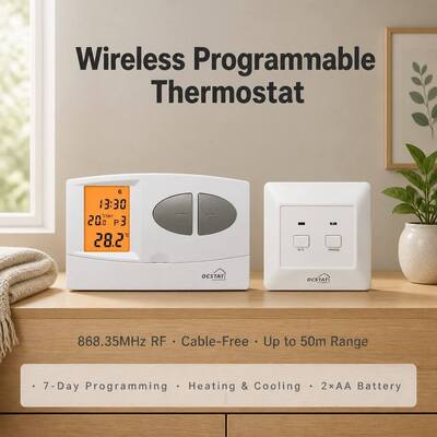 OFF System Operation Mode Draadloze ketel RF Programmeerbare thermostaat 130 X 80 X 35 mm Compacte grootte Ideaal voor commerciële HVAC-besturingsoplossingen