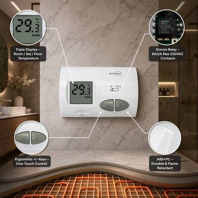 Monteert op muur of aansluitdoos, verstelbare 230V boiler, eenvoudige thermostaat met NTC-sensor die zorgt voor consistente warmteregeling en superieure prestaties.