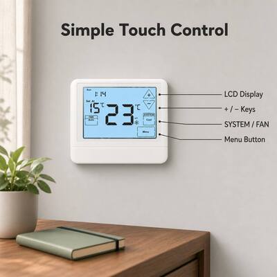 24V bedrade programmeerbare warmtepomp thermostaat die 5 minuten compressor vertraging bescherming biedt Ontworpen voor HVAC planning
