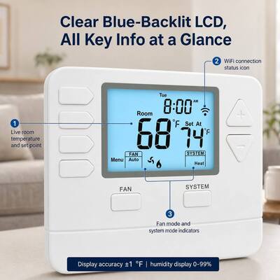Riseem Airconditioner Smart WIFI Digitaal programmeerbaar Alexa Home Thermostat HVAC STN705W 24V Wit ABS
