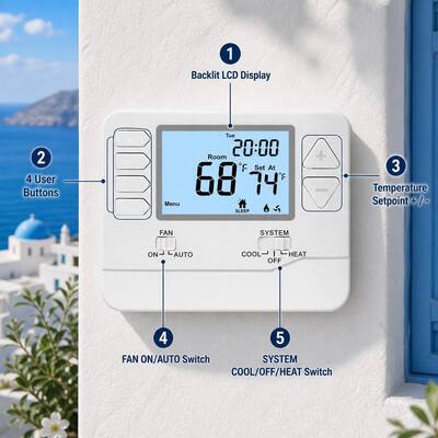24V Grote LCD Display HVAC Temperatuurregelaar Bedrade Thermostaat 7 Dagen 2 Warmte 2 Koeling Batterijvoeding