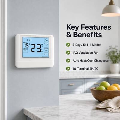 24V of Batterij-aangedreven Warmtepomp 7 Dagen 2 Warmte 2 Koeling Touchscreen LCD Thermostaat voor Hotel en Appartement HVAC Systeem